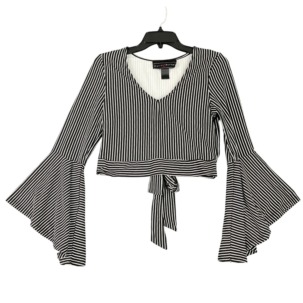 Polly Esther Striped Bell Sleeve Tie Back Crop Top Blouse Black White Med Womens